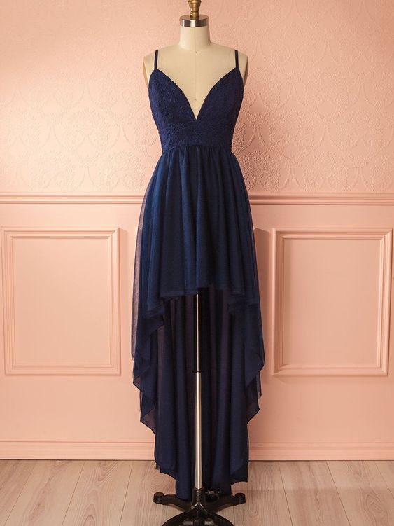 Straps High Low Navy Blue Homecoming Dress Party Dress