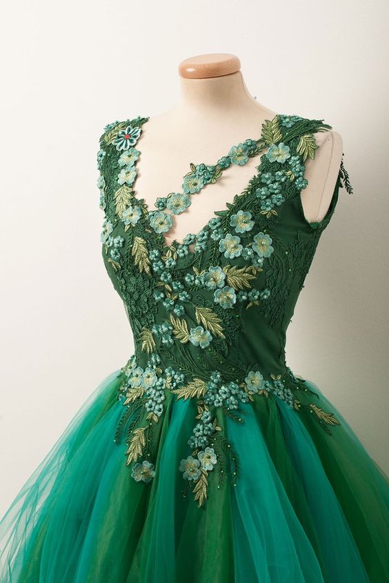 UNIQUE V NECK GREEN TULLE LACE SHORT PROM DRESS, GREEN HOMECOMING DRESS