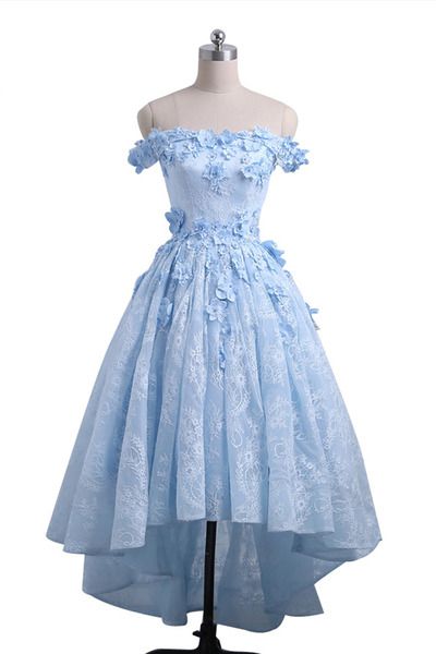 Ice Blue Off Shoulder Lace And Floral, High Low Homecoming Dress