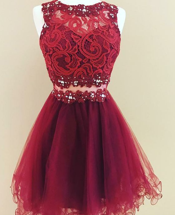 A-line Jewel Short Burgundy Tulle Homecoming Dress With Lace Sequins