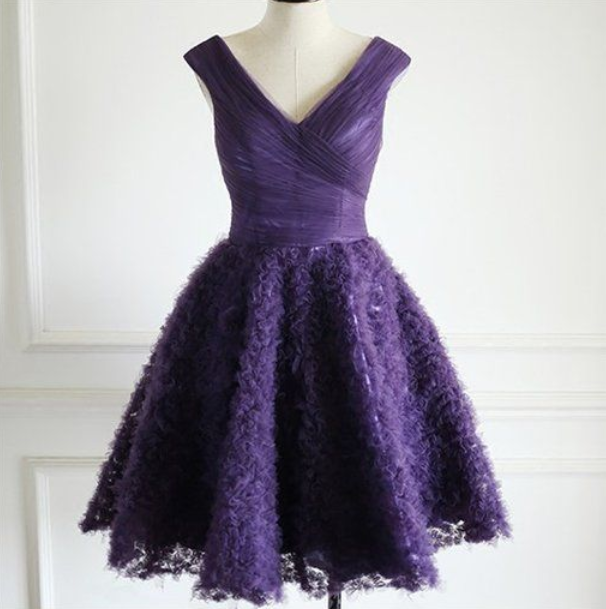 Purple V-neck Tulle Homecoming Dresses, Special Design, Short Prom Dress, Chic Party Dress