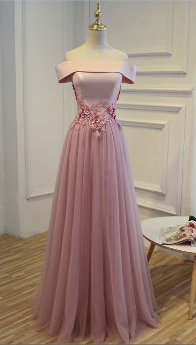 Pink Off-shoulder Tulle Prom Dress With Floral Embellishments