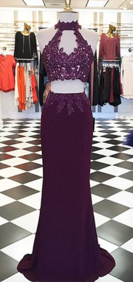 Charming Two Piece Grape Applique Lace-up Mermaid Prom Dress,beaded Long Evening Dress With Keyhole