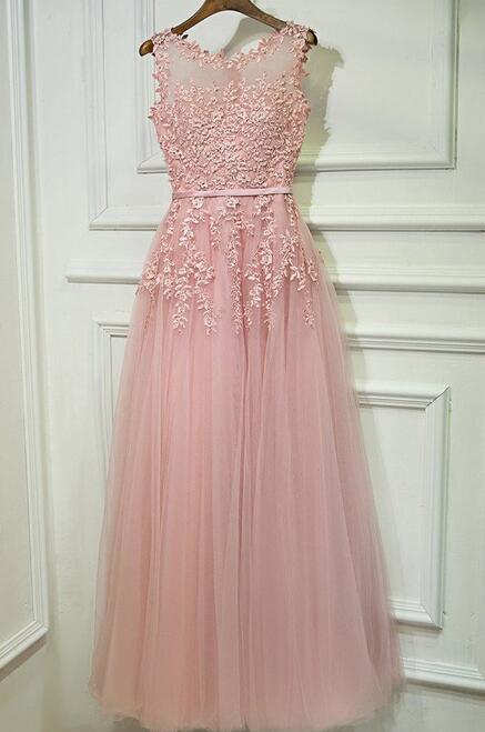 Gorgeous Pink Applique Prom Dresses For Teens,Tulle Long Graduation Dress,Formal Party Dresses 