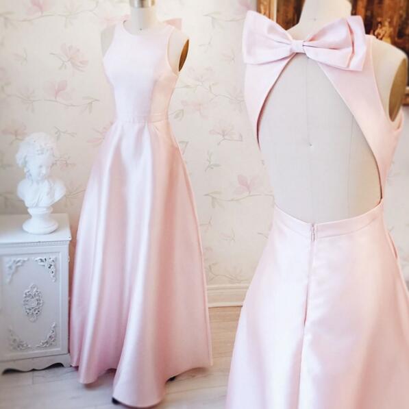 Light Pink Satin Crew Neck Halter Floor Length A-line Bridesmaid Dress Featuring Bow Accent Open Back, Formal Dress