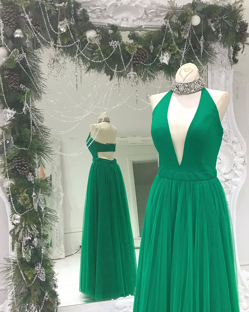 Elegant Deep V Neck Green Long Prom Dess,Backless Tulle Evening Dresses
