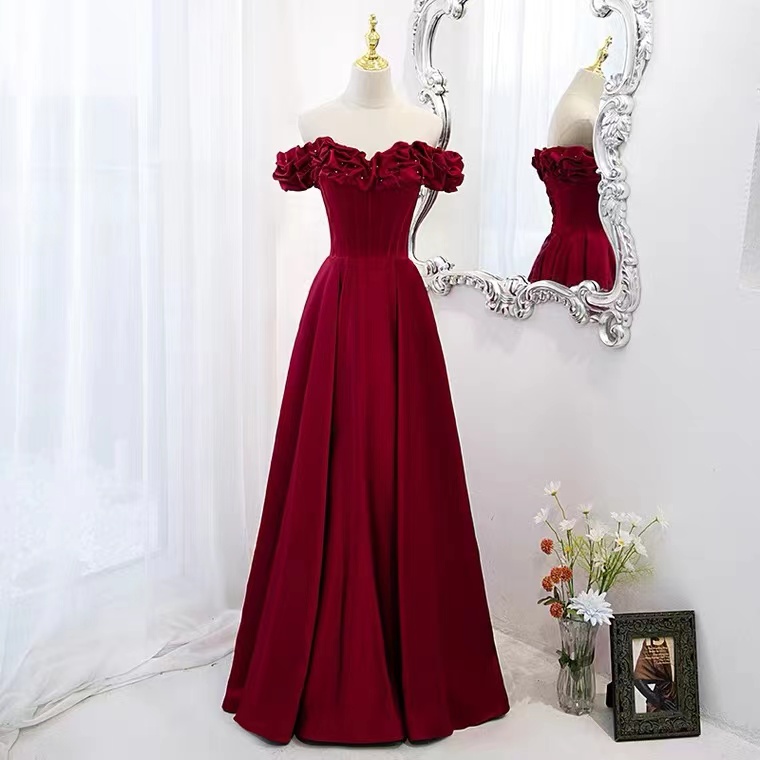 Off Shoulder Prom Dress, Red Evening Dress, Formal Satin Party Dress