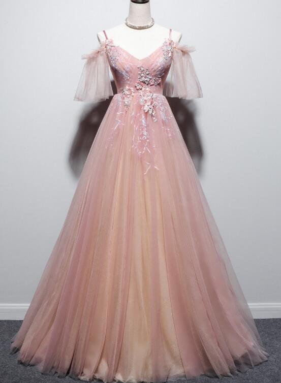 Sweet Pink Straps V-neckline Tulle Dress,floral Prom Dress, Pink Floor Length Party Dress