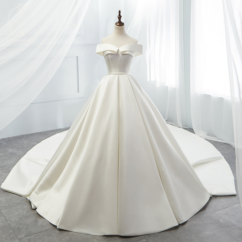 Off Shoulder Wedding Dress, Bouffant Princess Wedding Dress, Simple Trailing Satin Wedding Dress