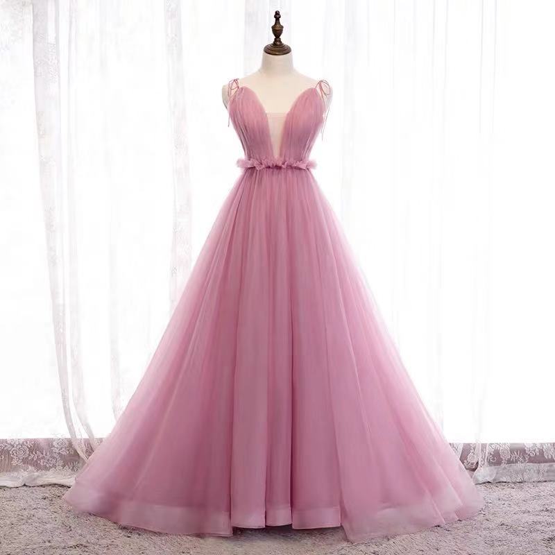 Party Dress V Neck Evening Dress, Spaghetti Straps Prom Dress, Tulle Long Formal Dress, Backless Ball Gown Dress