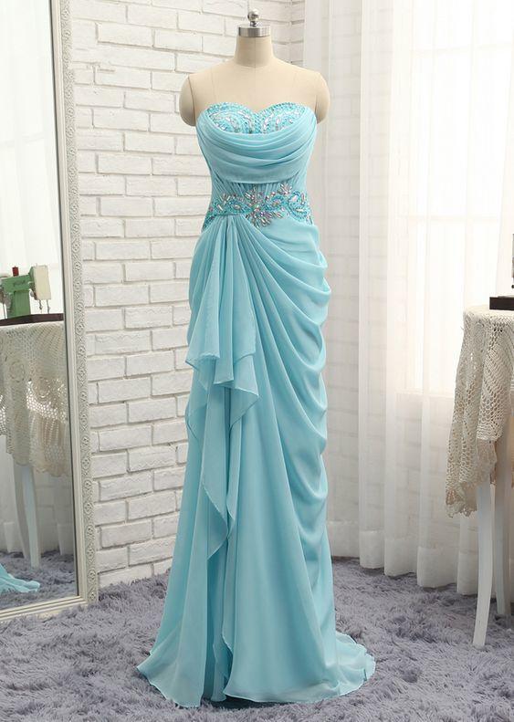 New Hot Sexy Prom Dresses, Mermaid Sweetheart Turquoise Chiffon Crystals Bead Slit Prom Gown