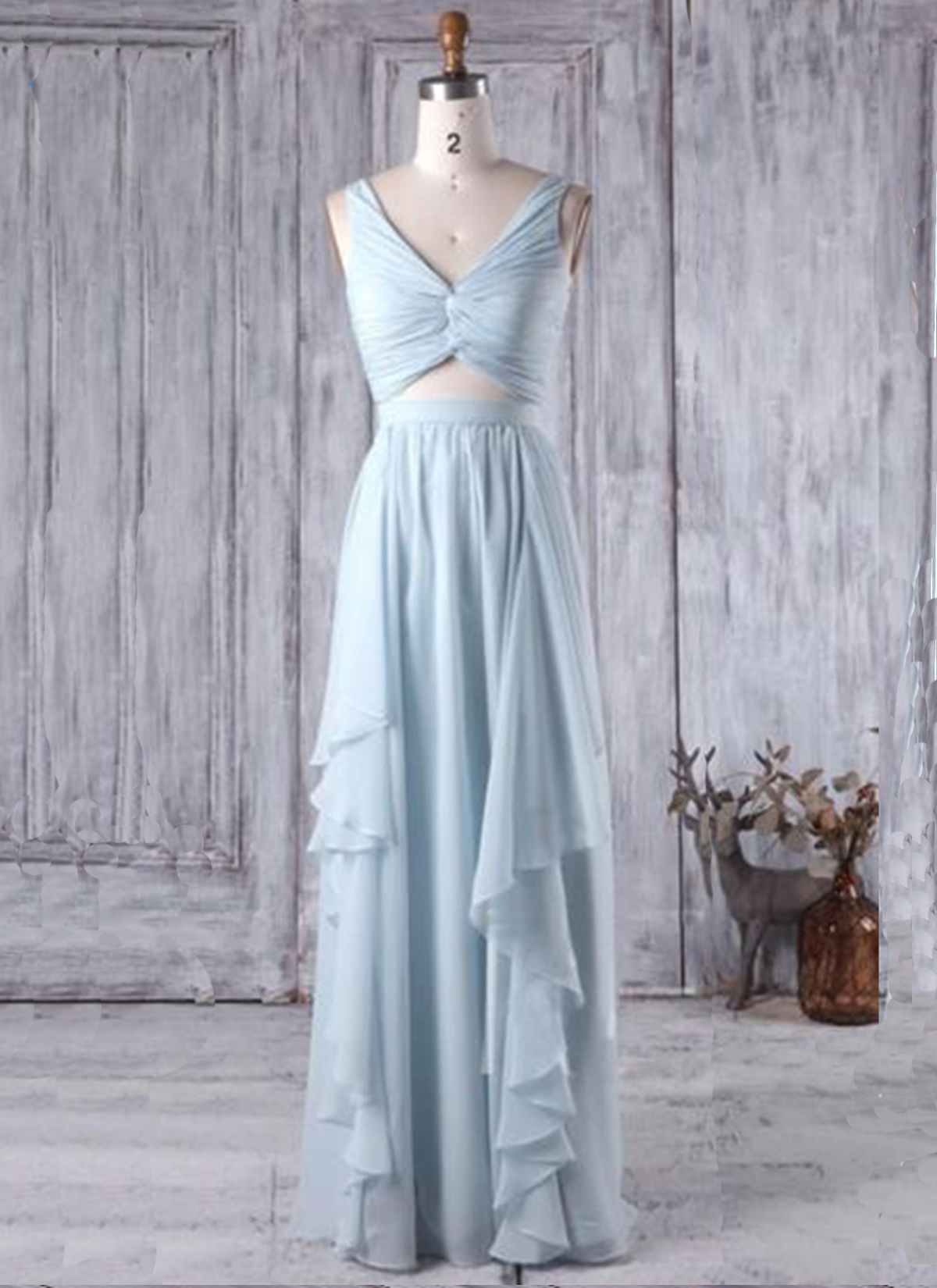 Beautiful Chiffon Two Piece Bridesmaid Dress, Elegant Prom Party Dress, Long Formal Dress