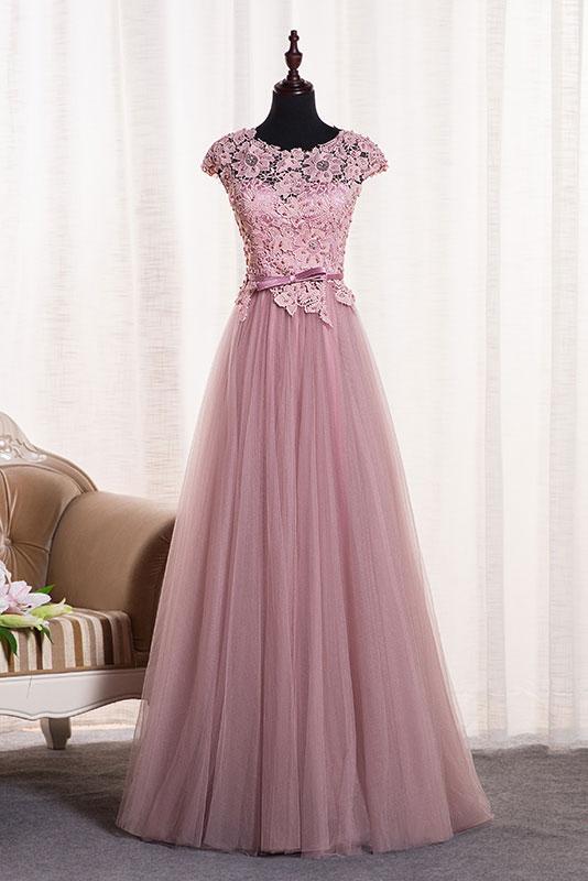 Round Neck Tulle Lace Appliques Formal Prom Dress, Beautiful Long Prom Dress, Banquet Party Dress