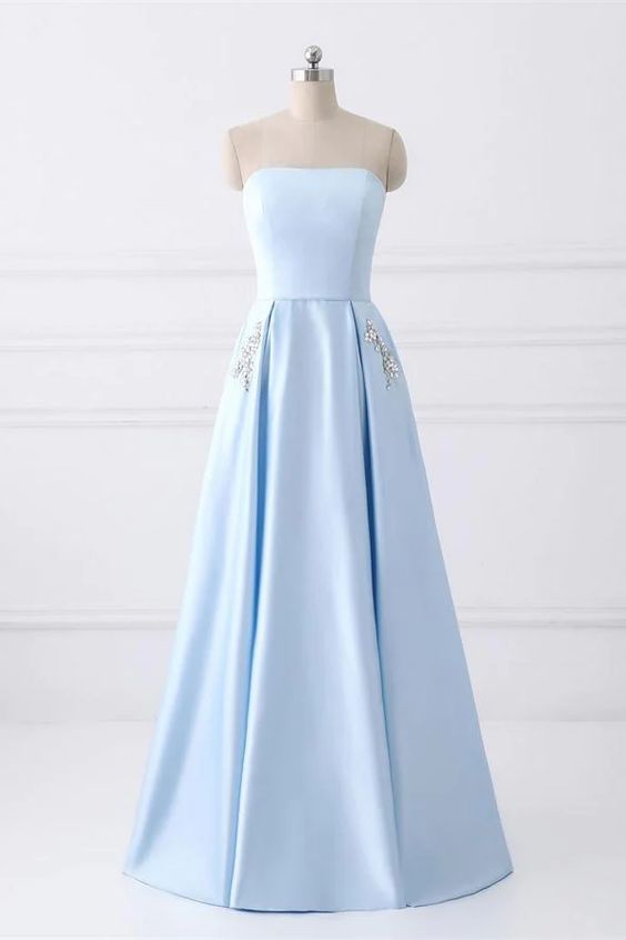 Elegant A-Line Strapless Lace Up Satin Formal Prom Dress, Beautiful Long Prom Dress, Banquet Party Dress