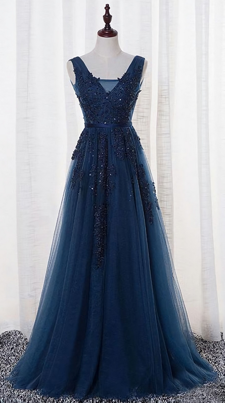 Elegant A-line V-neck Sleeveless Formal Prom Dress, Beautiful Long Prom Dress, Banquet Party Dress