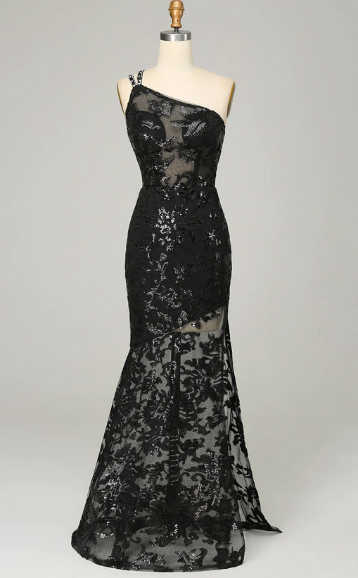 Black One Shoulder Lace Formal Prom Dress 2025, Beautiful Prom Dress, Banquet Party Dress