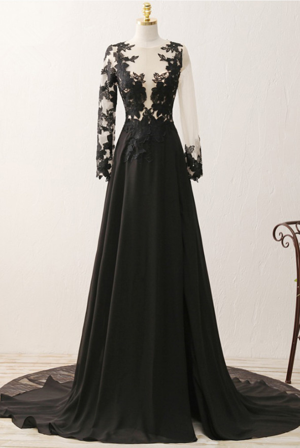 Elegant Sweetheart Chiffon Long Sleeves Formal Prom Dress, Beautiful Long Prom Dress, Banquet Party Dress
