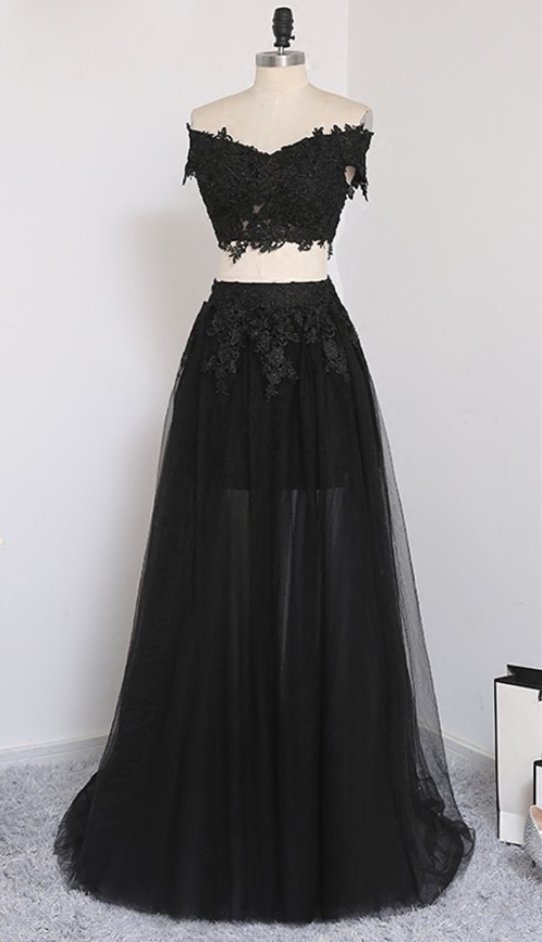 Elegant Two Piece Appliques Tulle Formal Prom Dress, Beautiful Long Prom Dress, Banquet Party Dress