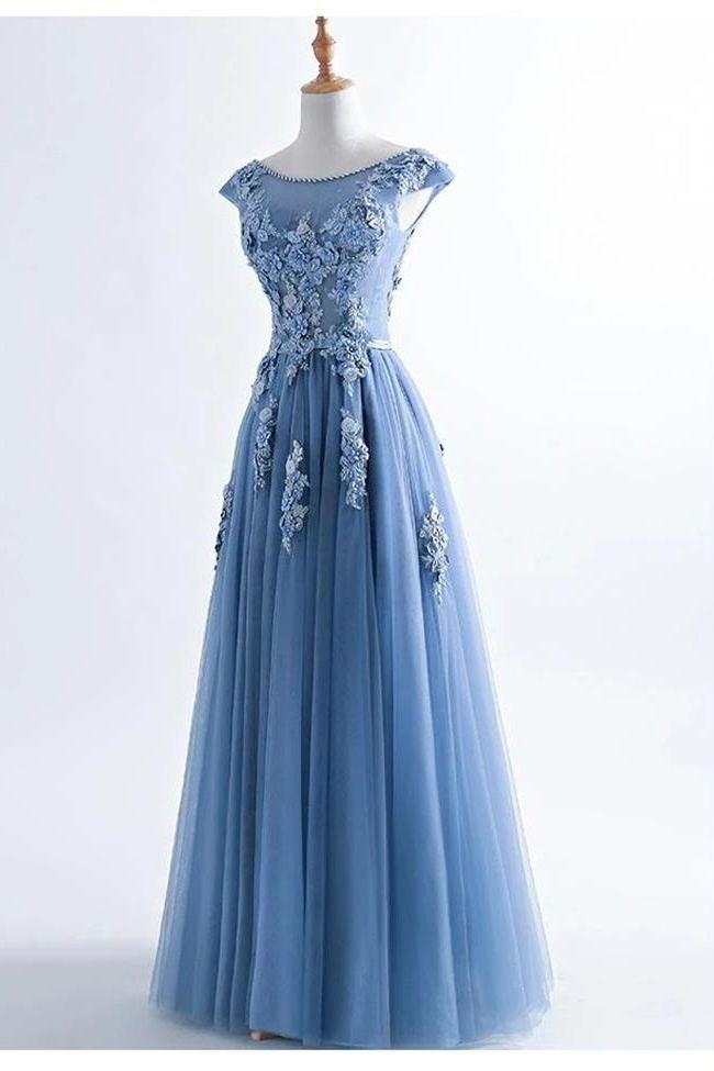 Elegant Lace Appliques Cap Sleeves Tulle Formal Prom Dress, Beautiful Long Prom Dress, Banquet Party Dress