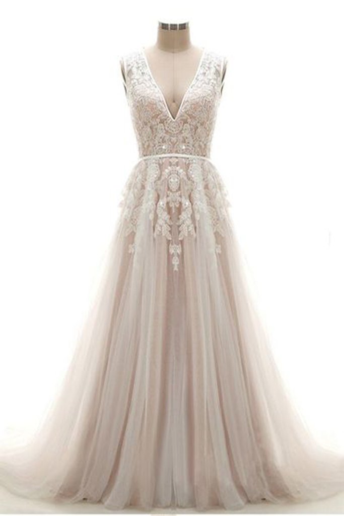 Elegant A-line V-neck Lace Tulle Formal Prom Dress, Beautiful Long Prom Dress, Banquet Party Dress
