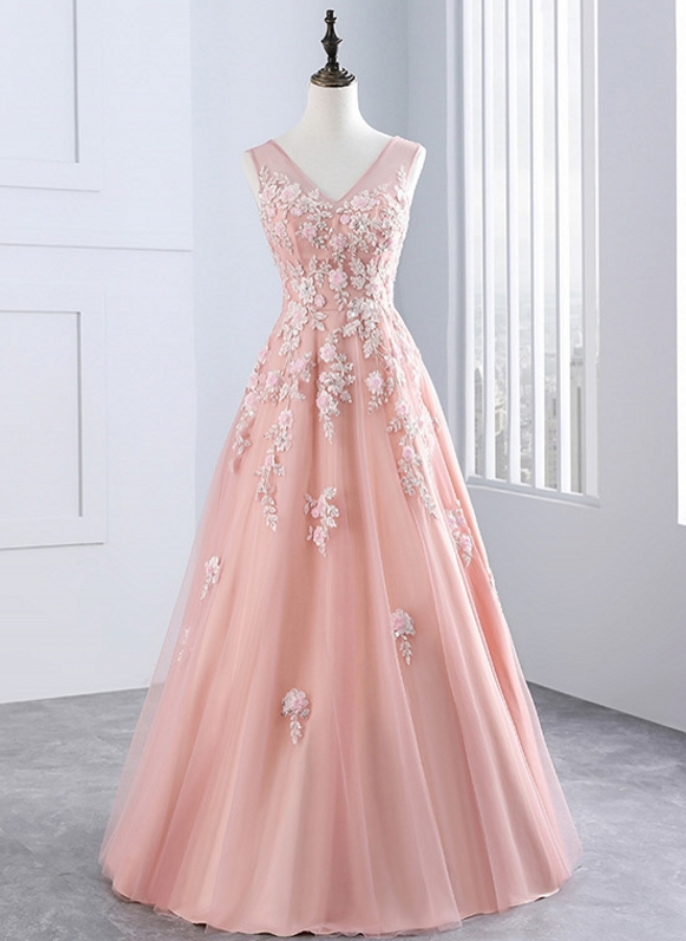 Elegant A-line Appliques Tulle Formal Prom Dress, Beautiful Long Prom Dress, Banquet Party Dress