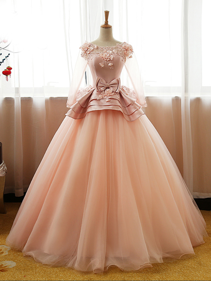 Elegant A Line Appliques Long Sleeves Tulle Formal Prom Dress, Beautiful Long Prom Dress, Banquet Party Dress