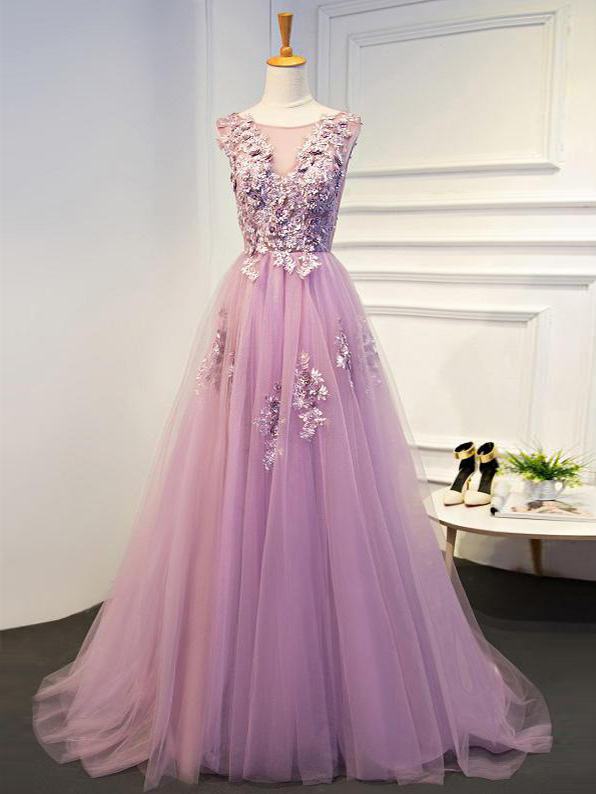 Elegant A-line Round Neck Appliques Tulle Formal Prom Dress, Beautiful Long Prom Dress, Banquet Party Dress