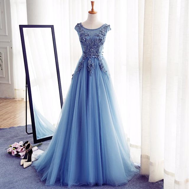 Elegant A-line O-neck Appliques Tulle Formal Prom Dress, Beautiful Long Prom Dress, Banquet Party Dress