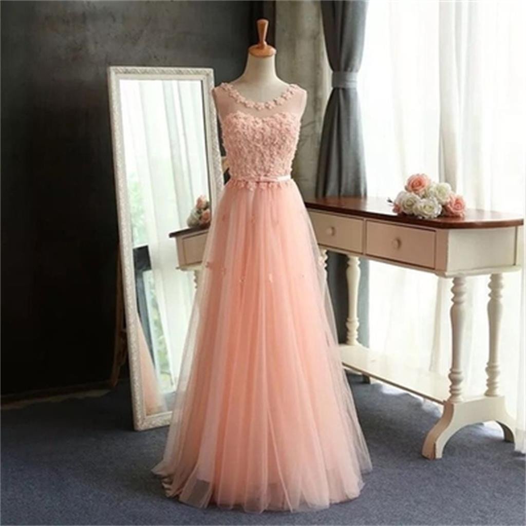 Elegant A-line O-neck Appliques Tulle Formal Prom Dress, Beautiful Long Prom Dress, Banquet Party Dress