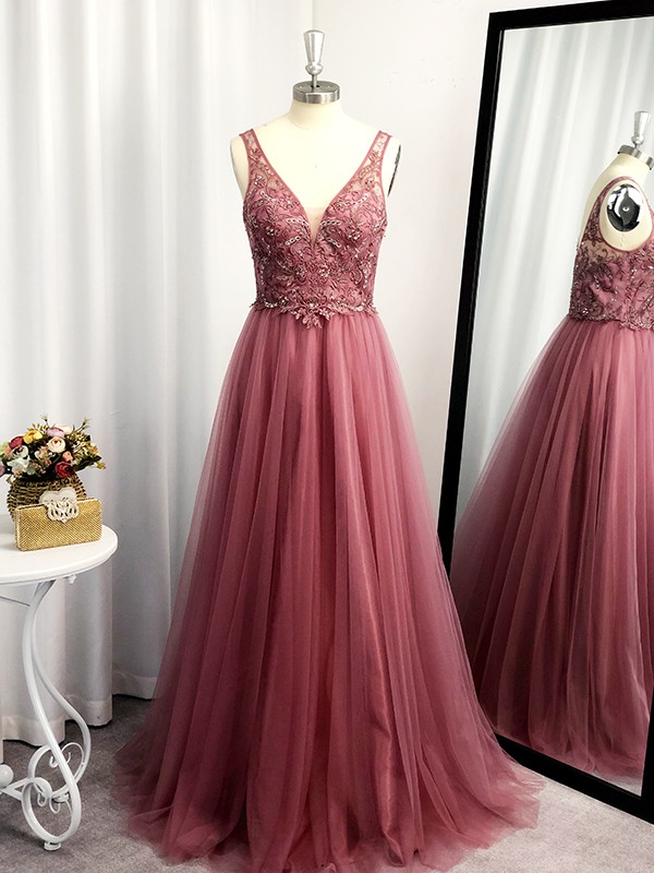 Elegant A-line Tulle Lace V-neckline Formal Prom Dress, Beautiful Long ...