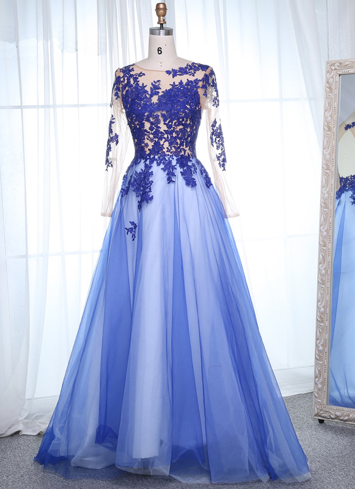 Elegant Tulle Scoop Neck Long Sleeves Appliques Lace Formal Prom Dress, Beautiful Long Prom Dress, Banquet Party Dress