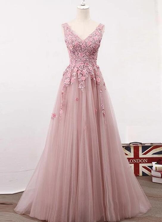 Elegant A-line Lace V-neckline Applique Tulle Formal Prom Dress, Beautiful Long Prom Dress, Banquet Party Dress