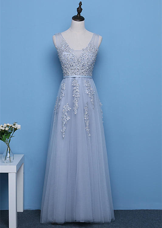 Elegant A-line Lace Beaded Applique Tulle Formal Prom Dress, Beautiful Long Prom Dress, Banquet Party Dress