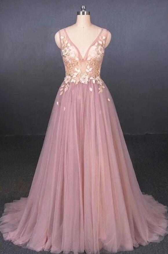 Elegant A-line V Neck Sleeveless Tulle Formal Prom Dress, Beautiful Long Prom Dress, Banquet Party Dress