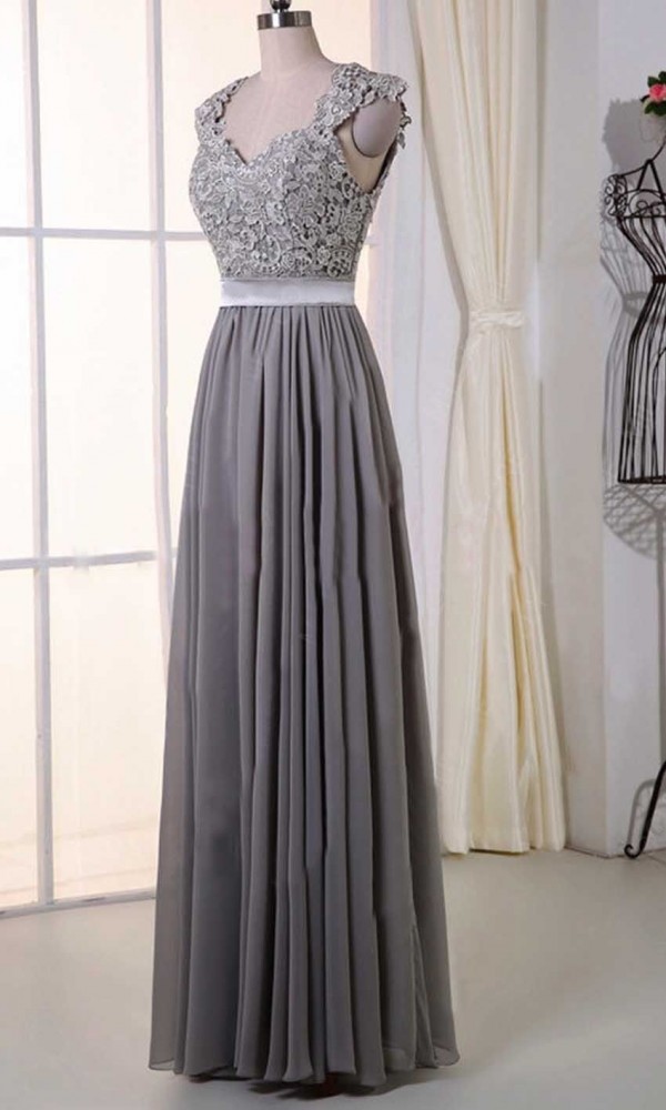 Elegant A-line Lace And Chiffon Cap Sleeves Formal Prom Dress, Beautiful Long Prom Dress, Banquet Party Dress