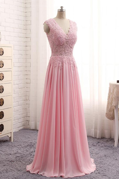 Elegant Lace Applique V-neckline Chiffon Formal Prom Dress, Beautiful Prom Long Dress, Banquet Party Dress