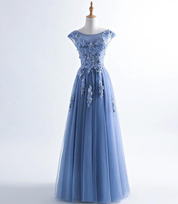 Elegant Tulle Round Neckline Beaded And Applique Formal Prom Dress, Beautiful Prom Long Dress, Banquet Party Dress