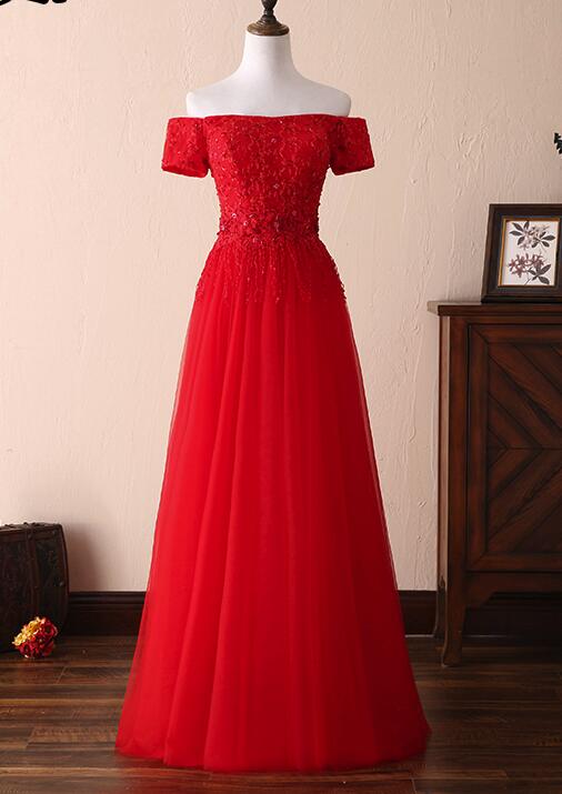 Elegant Simple A-line Off Shoulder Tulle Lace Formal Prom Dress, Beautiful Prom Dress, Banquet Party Dress