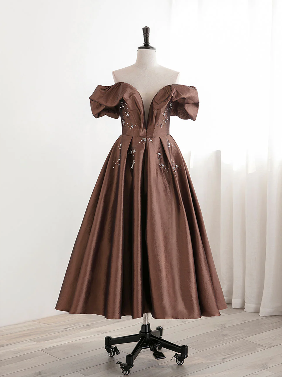 green emerald velvet dress Brown Satin Long A-Line Prom Dress, Off the Shoulder Evening Party Dre