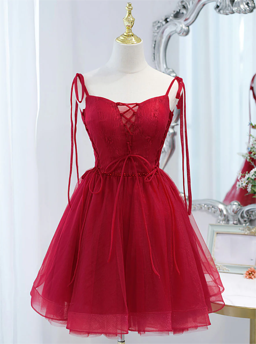 Red Tulle Lace Short Prom Dress Red Lace Puffy Homecoming Dress 2025