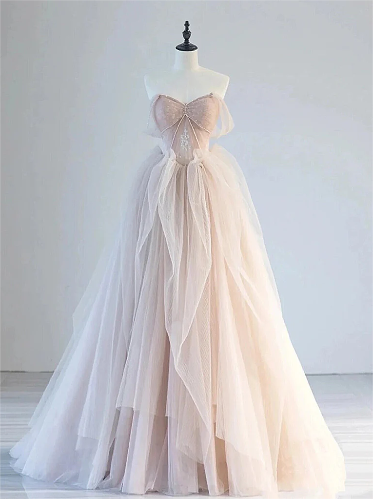 champagne pink cocktail dress Champagne Pink A-Line Tulle Sequin Long Prom Dress, Champagne Pink For