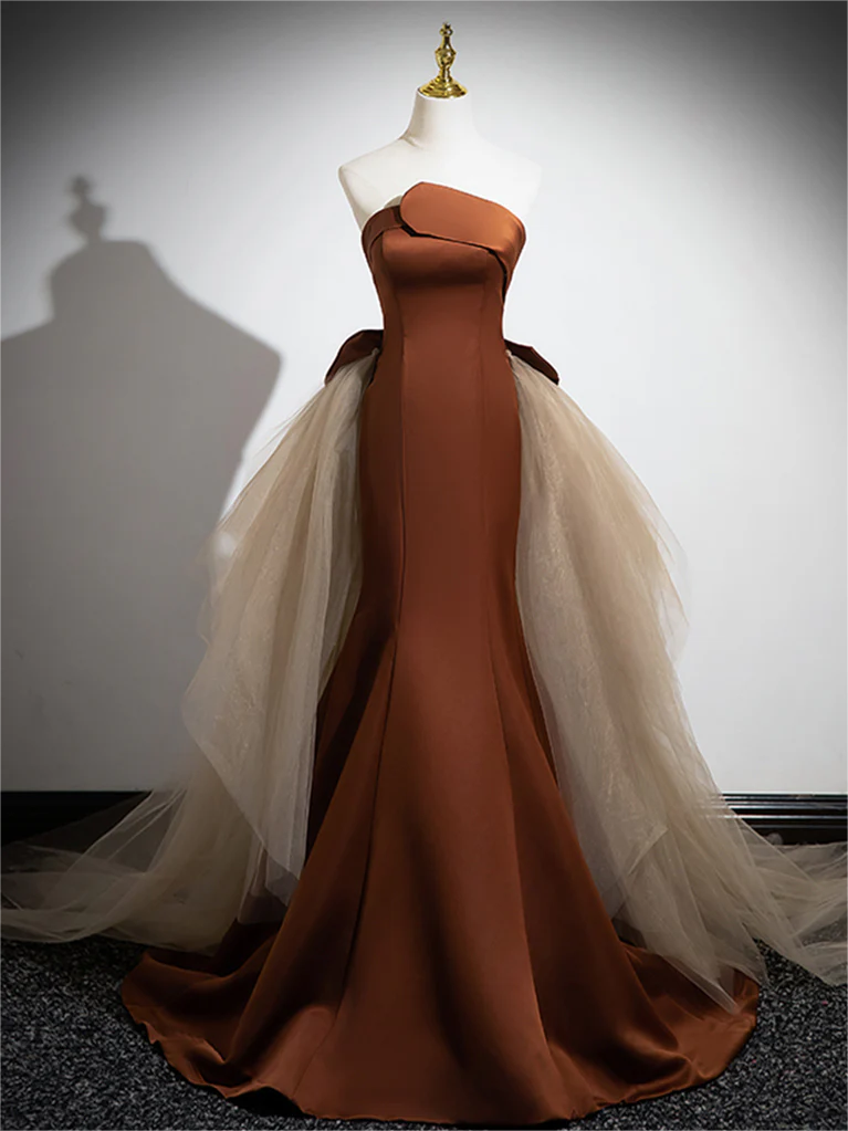 Simple Mermaid Brownchampagne Satin Tulle Long Prom Dress 2025 For Women, Brown Long Evening Dress