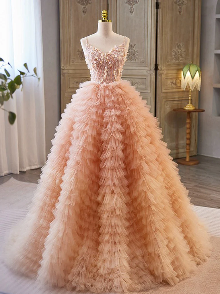 Unique V Neck Tulle Sequin Orange Pink Long Prom Dress 2025 For Women, Orange Pink Sweet 16 Dress