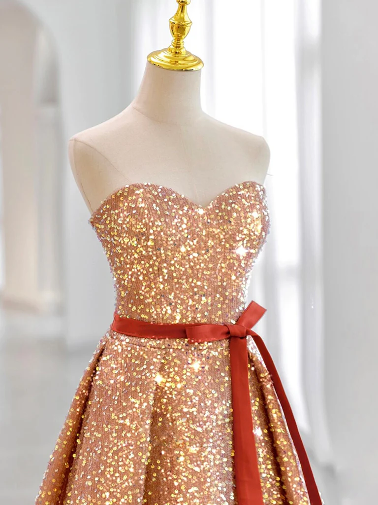 A-line Sweetheart Neck Velvet Sequin Champagne Gold Long Prom Dress on ...