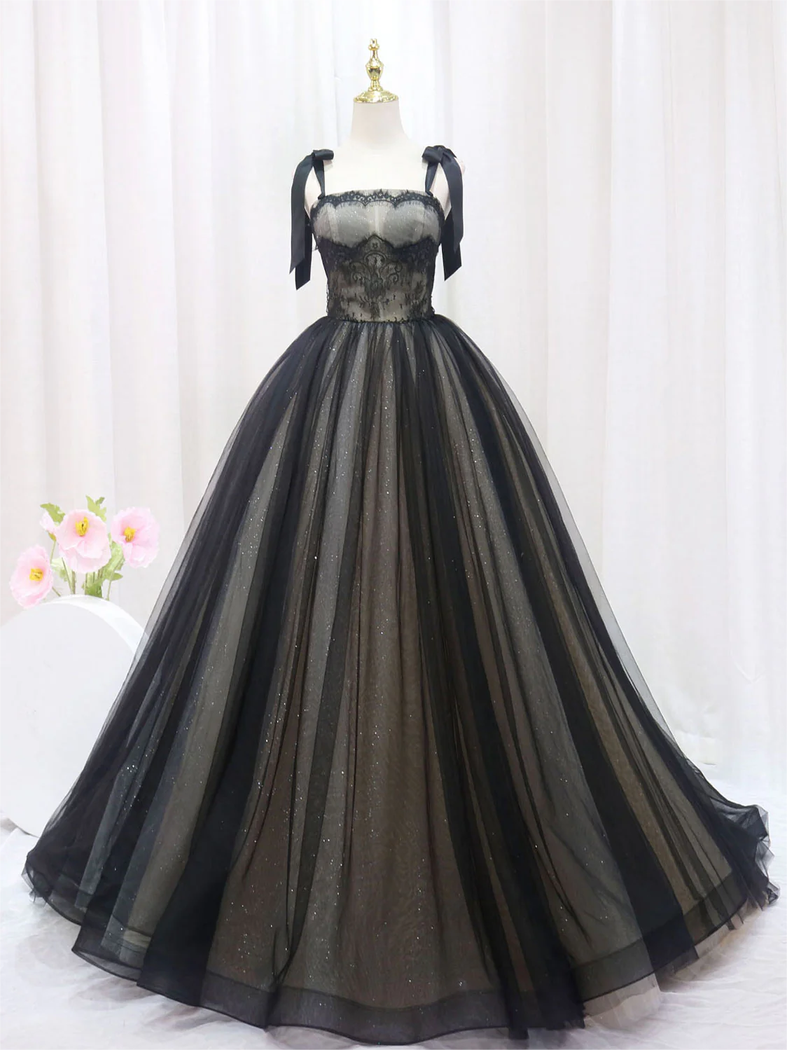 Black A-line Tulle Long Prom Dresses 2025 For Women, Black Tulle Formal Evening Dress