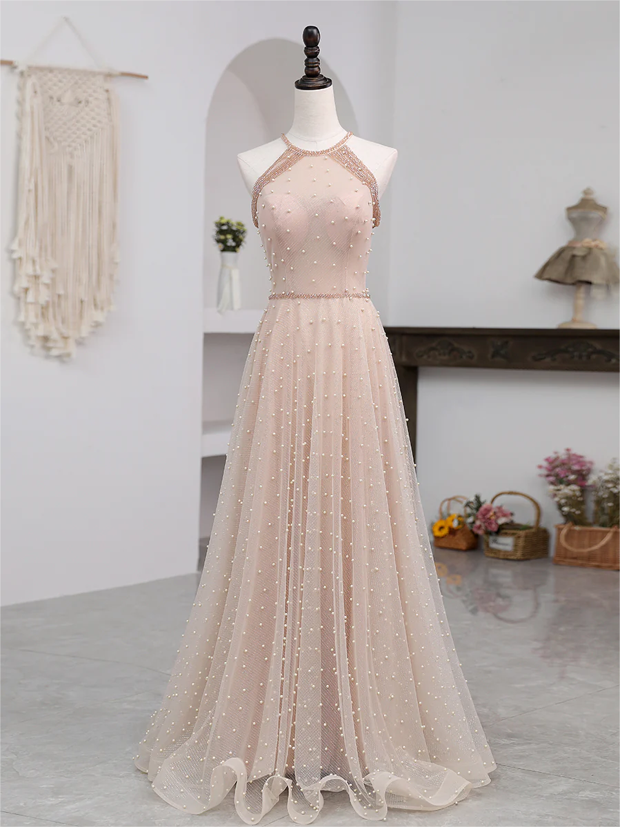 Champagne Pink Long Prom Dress 2025 For Women, A Line Tulle Formal Dress Graduation Dresses