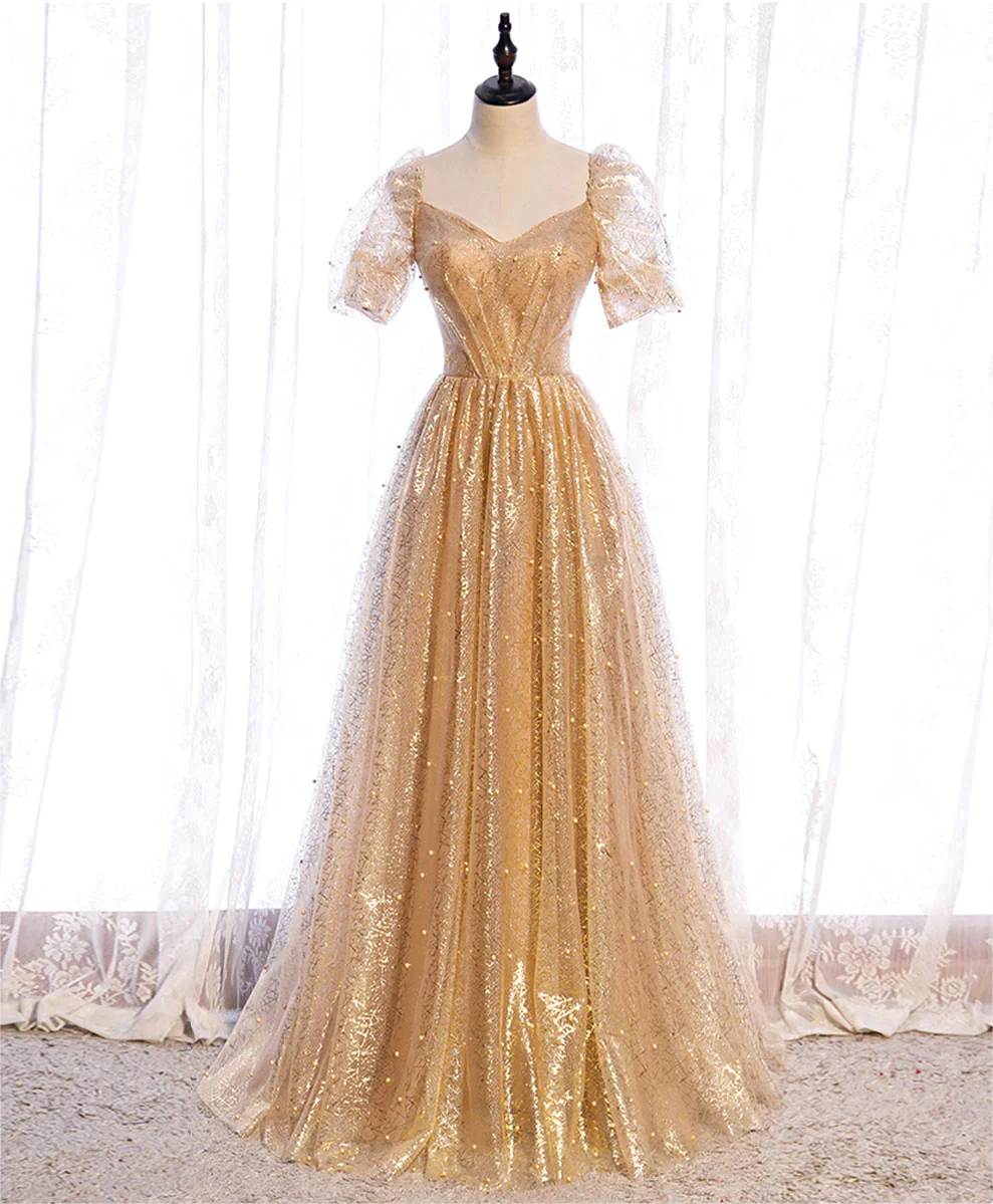 Gold Aline Tulle V Neck Long Prom Dress 2025, Gold Formal Dresses
