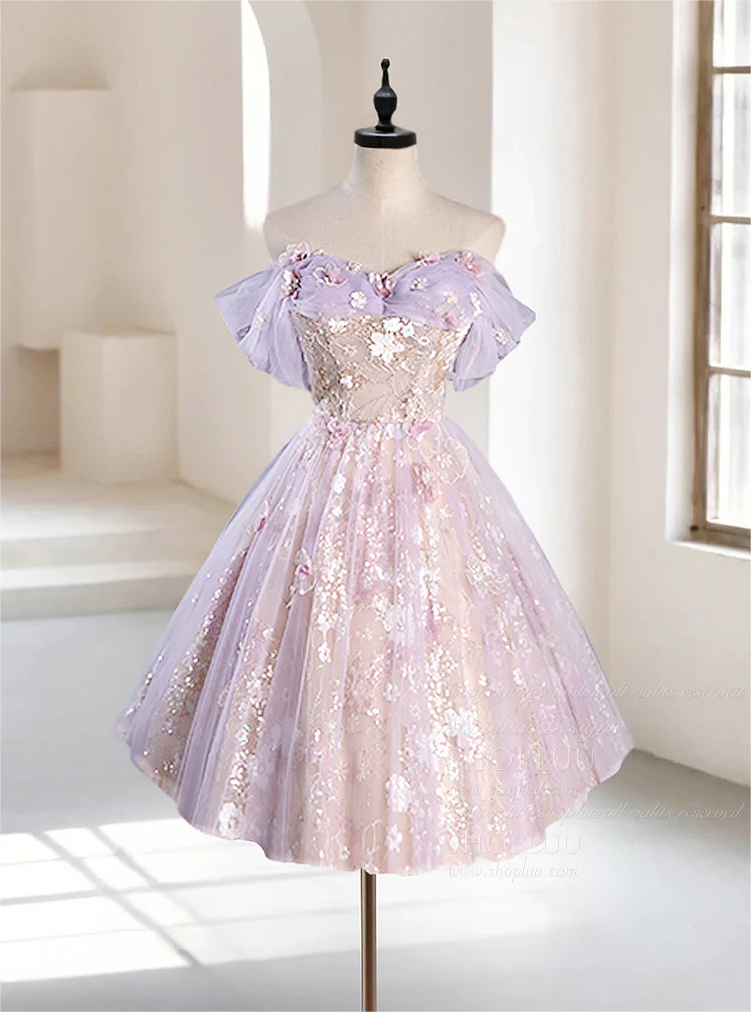 lilac short homecoming dresses A-Line Lilac Short Homecoming Dress with 3D Flowers, Lilac / 12