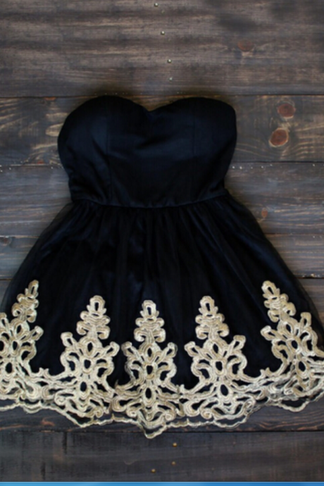 Strapless Black Homecoming Dress,gold Embroidery Homecoming Dress, Homecoming Dresses