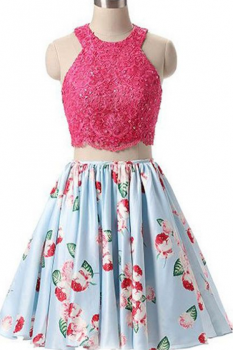Two Piece Homecoming Dresses,round Neck Homecoming Dresses,short Homecoming Dresses,blue Homecoming Dresses,floral Homecoming Dresses,beading